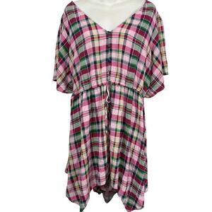 Torrid Womens Plaid Slub Sharkbite Babydoll Short Sleeve Lattice Back Top sz 5X